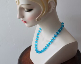 Bridal Jewelry Aquamarine Blue Round Glass Bead Costume Jewelry Art Deco Style Great Gatsby Party Art Deco Style Bead Necklace 20" Long