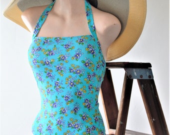 Vintage 80's Cottagecore Swimsuit by CHRISTINA size 12 Modest Swimwear Floral Swimsuit Retro Swimsuit One Piece Swimsuit Aqua