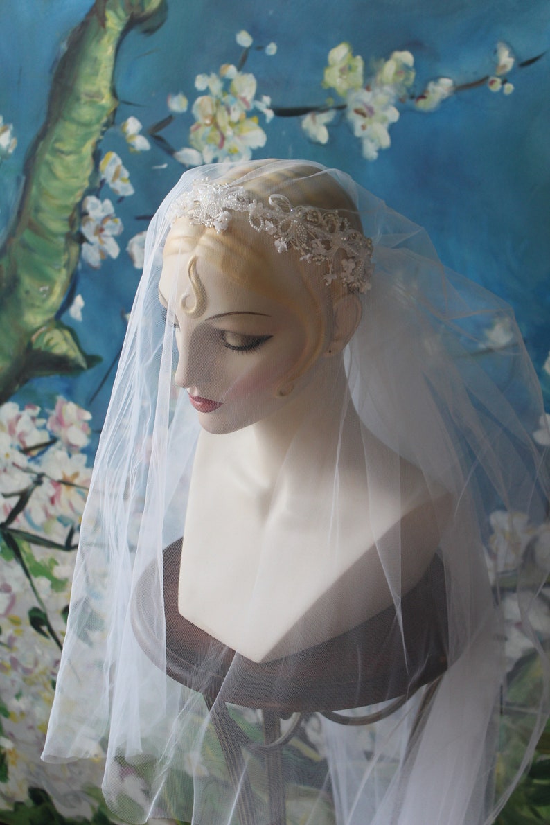Priscilla of Boston White Eggshell Halo Crown Cathedral Blusher Drop Veil Long Wedding Veil Headband Chapel Wedding Veil image 6