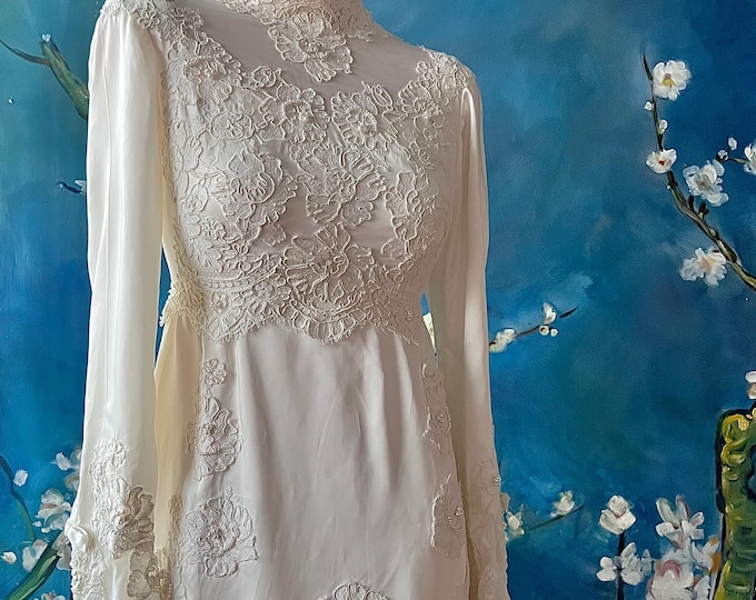 Featured listing image: Boho Bridgerton Bride Priscilla Look 60s Ivory Satin Wedding Dress Empire Sheath Waterfall Train Lace Sleeve Bell Ruffle Wedding Gown S Fink