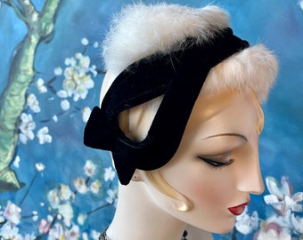 1950s does 1920s Black Velvet Bow White Rabbit Fur Fascinator Hat Dr Zhivago Winter Fur Hat