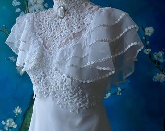 1970s Chiffon Wedding Dress: Empire Waist Lace Bodice, Tiered Ruffle Sleeves, XS