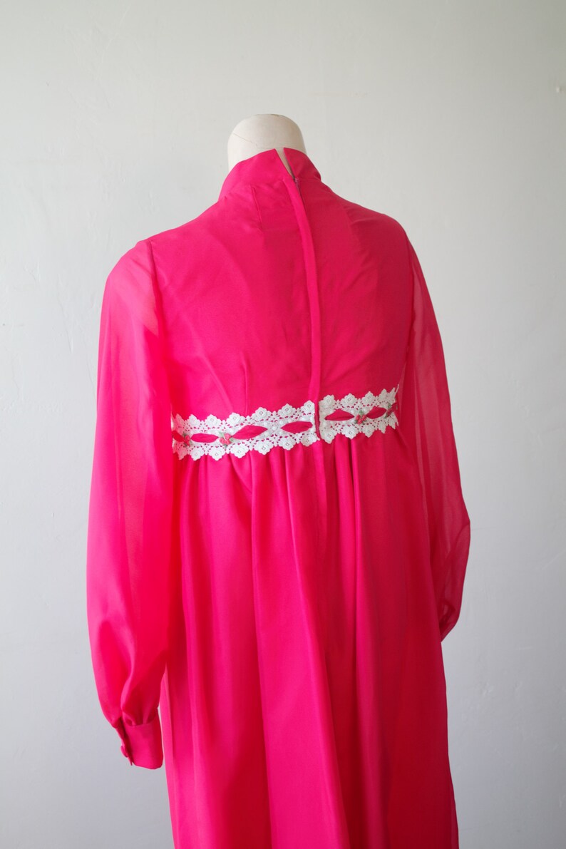 50/%off SAVE NOW Empire Waist Dress 70s Chiffon Dress Long Prom Dress Empire Dress Chiffon Maxi Dress Empire Line Dress Bright Pink White Eye
