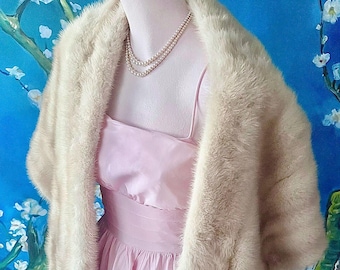 Mink Bridal Stole Cape Blonde Emba Natural Pale Rose Mink Fur Stole Gold Pink Brocade Fabric Lining Wedding Cape by Rovalia