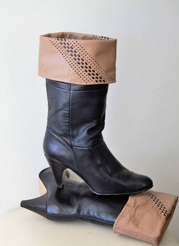 80's Black Boots Women Leather Boots Biege Cuffs A