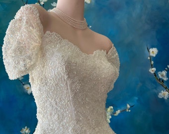 Fairytale Princess Bride White Wedding Dress Removable Train Mermaid Bustle Netting Overlay Cream Sequin Corset Bodice Cold Shoulder Sleeve