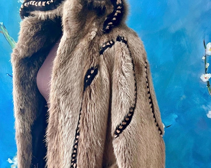 Featured listing image: Haute Couture Caribou Fur Coat Vintage Alaska Inuit Style Parka Anthro Style Trim 80s Eskimo Jacket Parka with Hood size L-XL ALAN CHERRY