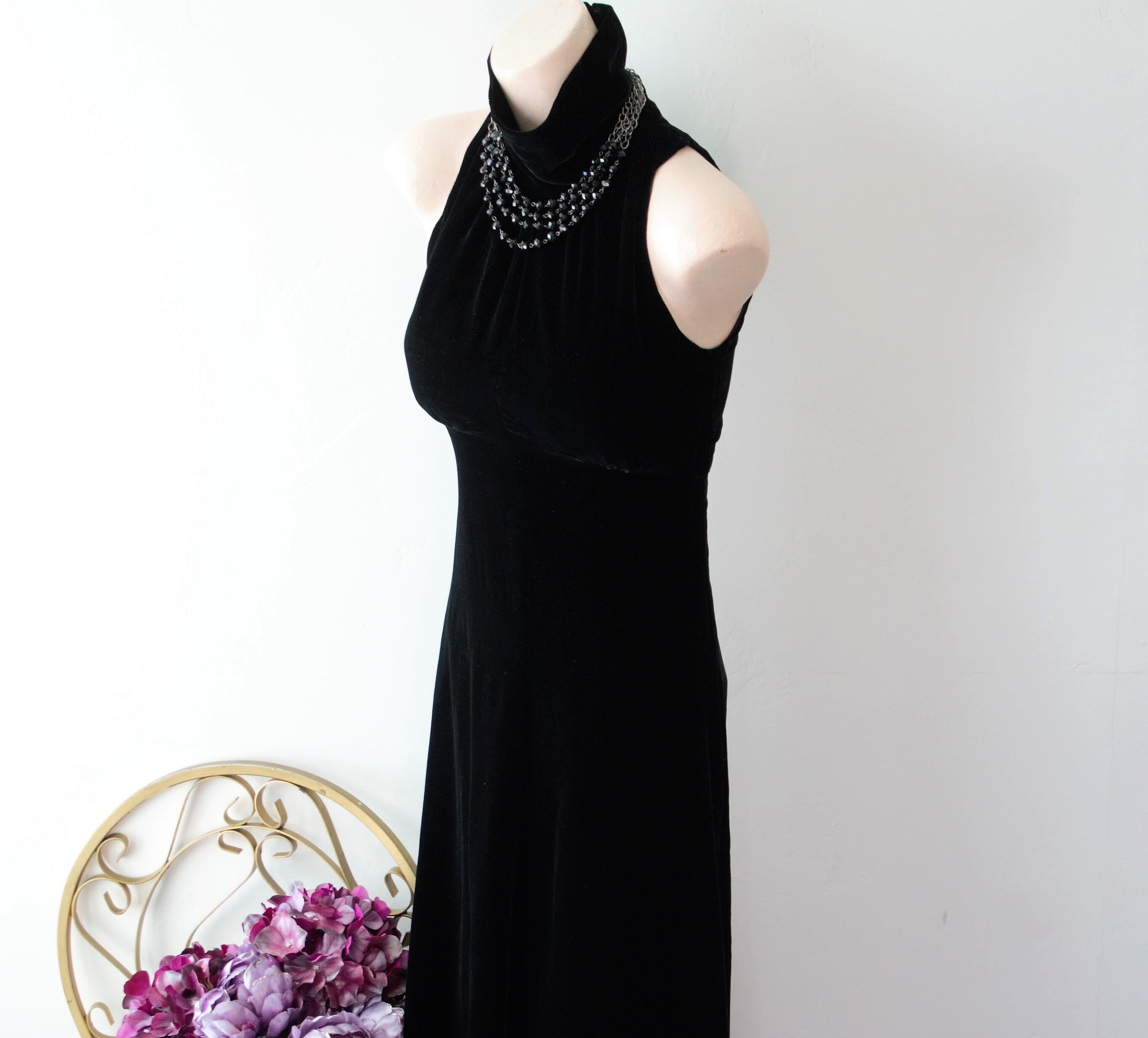 Vintage Black Velvet Empire Waist Halter Maxi Dress Formal Gown Women  Medium 8 M