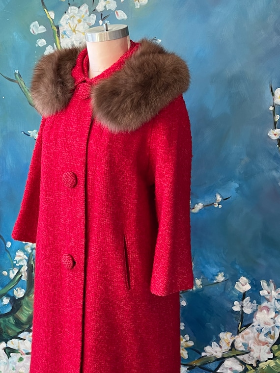 1950s Red Boucle Wool Coat Fur Collar Large Match… - image 5