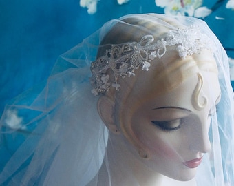 Priscilla of Boston White Eggshell Halo Crown Cathedral Blusher Drop Veil Long Wedding Veil Headband Chapel Wedding Veil