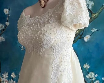 Bridgerton PRISCILLA of BOSTON Princess Bride Cream Silk Chiffon Wedding Dress Lace Bodice Puff Sleeve Regency Jane Austen Edwardian Vibe S