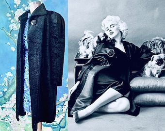 1940's Fashion Coat Black Faux Lambswool Fur Velvet Swing Coat Vintage Black Opera Swing Coat Large Shoulder Plus Size