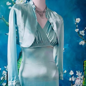 Vintage 1930s Blue Silk Charmeuse Satin Wedding Dress Sexy Antique 1920s Formal Gown Bias Cut Grecian Sheath Dress Matching Bolero Set S