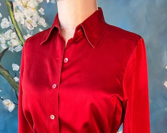 Red Silk Secretary Blouse Top Button Front Silk Blouse 80s Secretary Dress Blouse size petite 8 by AUSTIN REED