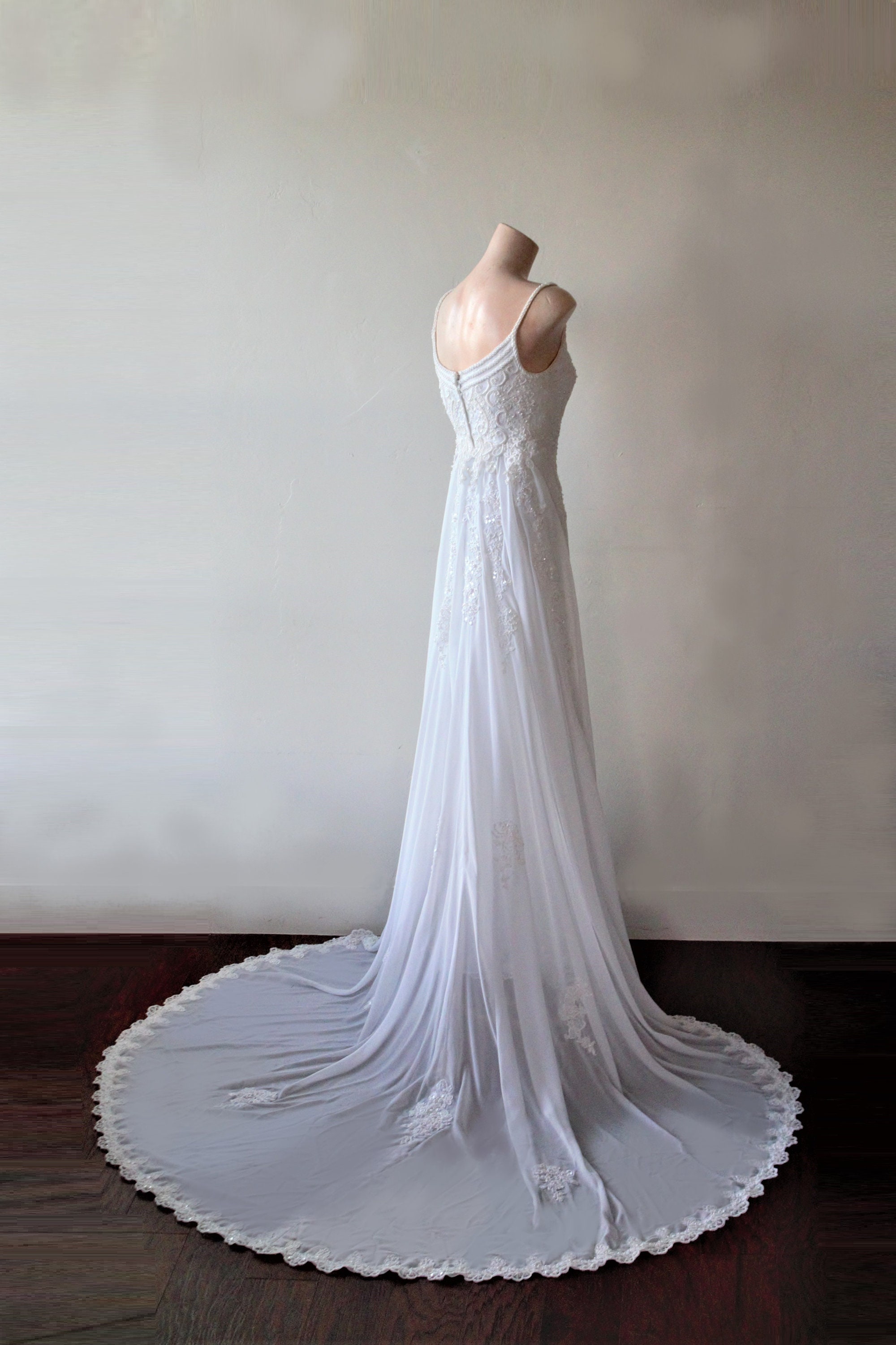 Oleg Cassini Dress Audrey Hepburn Style Chiffon Skirt Sheath Wedding Dress  Detachable Train Simple Fairy Wedding Dress size 3/4 by Cassini, image size:2000x3000