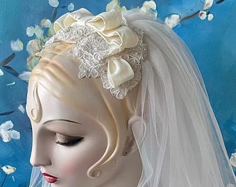 Vintage Juliet Bridal Cap: French Netting, Pearl Beads, Lace Bow Veil