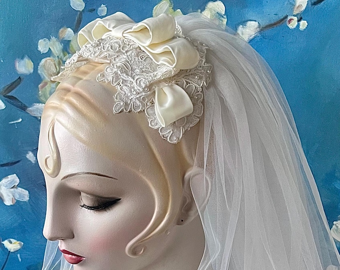 Featured listing image: Vintage Juliet Bridal Cap: French Netting, Pearl Beads, Lace Bow Veil