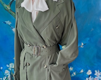 Vintage 80s Green Khaki Trench Jacket Coat Overcoat Peacoat Double Breasted Safari Jacket Short Trench Oversized style M by Liz Claiborne