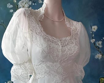 70s Chiffon Wedding Dress Gunne Sax Style Tiered Ruffle Bishop Sleeve Bridallure size Small/Restored Ready to Wear