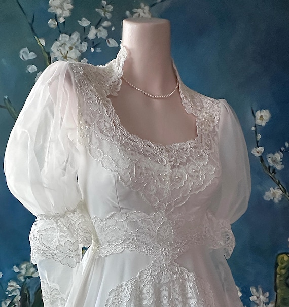 70s Chiffon Wedding Dress Gunne Sax Style Tiered Ruffle Bishop Sleeve Bridallure size Small/Restored Ready to Wear
