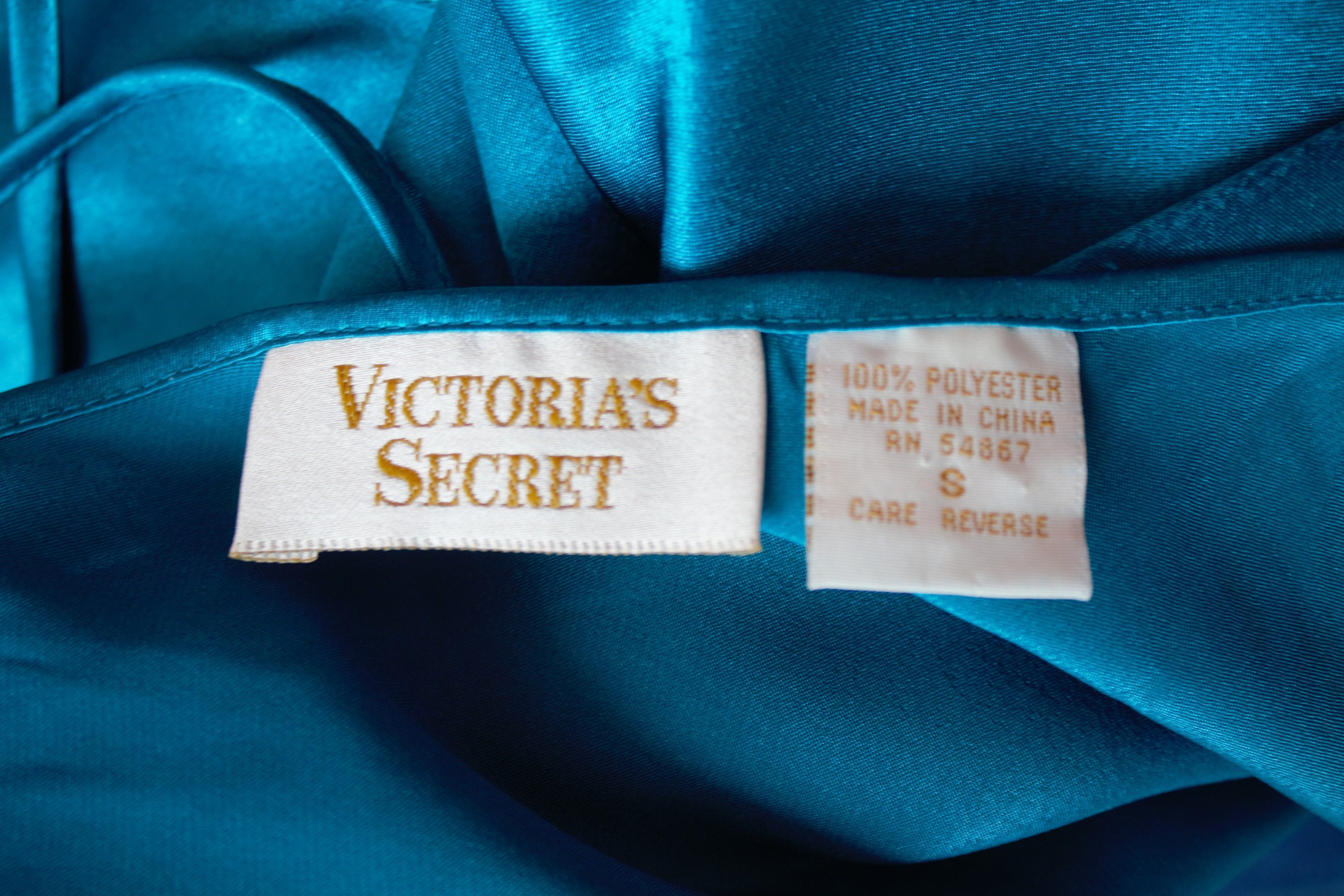 Victoria Secret Turquoise Aqua Satin Chemise, Vintage Camisole Style,  Spaghetti Strap, Slip Lingerie, Gold Label, Size S by Victorias Secret