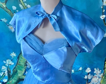 Vintage 1940s-1950s Cinderella Blue Satin Princess Prom Dress Formal Dress Long Cupcake Dress with Matching Caplet Bolero Handmade size M