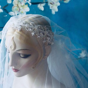 Vintage Victorian Beaded Lace Wedding Hat Veil 1920s lace bridal Juliet cap and veil with wax flowers. Now  main image 3