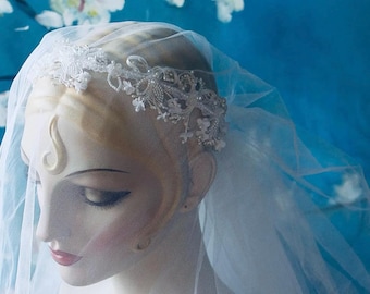 Priscilla of Boston Cathedral Wedding Veil: Eggshell Beaded Halo Crown, Blusher Drop Veil