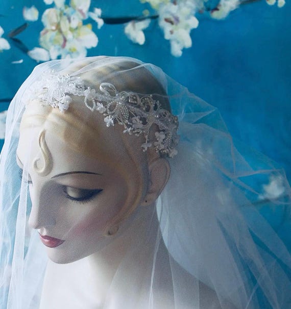 Wedding Crown beaded veil Novella - Beaded French lace cathedral mantilla wedding veil  main image 2