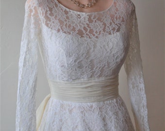 50s Silk Wedding Dress Beach Bridal Lace Top Dress Simple Wedding Dress Silk Ruched Bustle Bow Wedding Dress Short Wedding Dress size S
