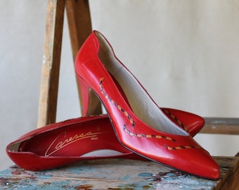 80's Red Leather Secretary Dress Pumps Holiday Heels Red Shoes with Tan and Black Rope Detail by Caressa made in Spain