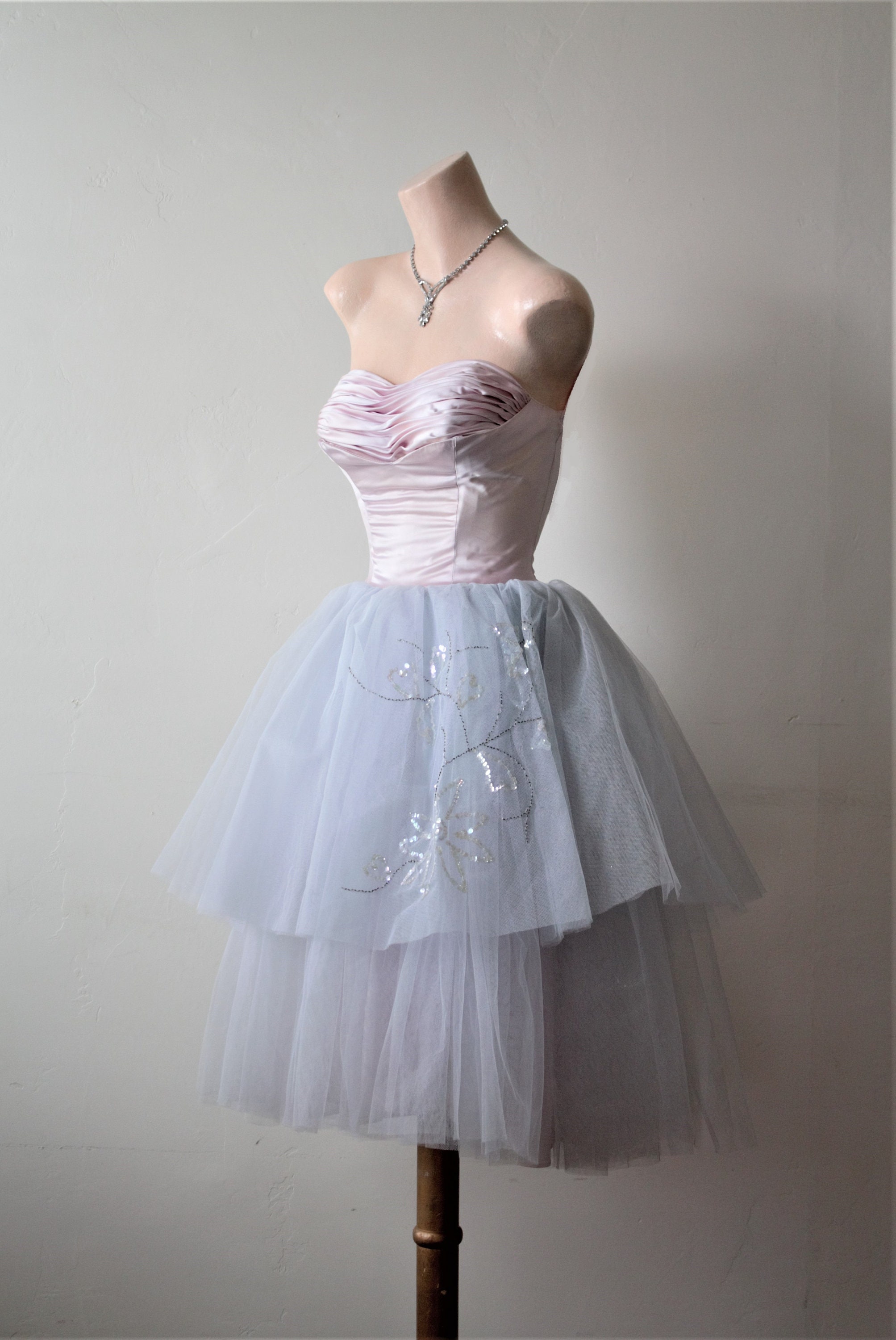 Haute Couture 50's Prom Dress Emma Domb Dress Style Lavender Dress Satin Corset  Dress Light Blue Dress Tulle Skirt Women Sequin Bugle Beads