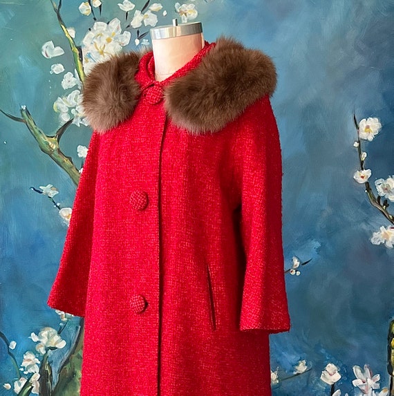 1950s Red Boucle Wool Coat Fur Collar Large Match… - image 2