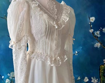 Vintage 80s Ivory Chiffon Wedding Dress: Lace Bishop Sleeves, Prairie Princess Style