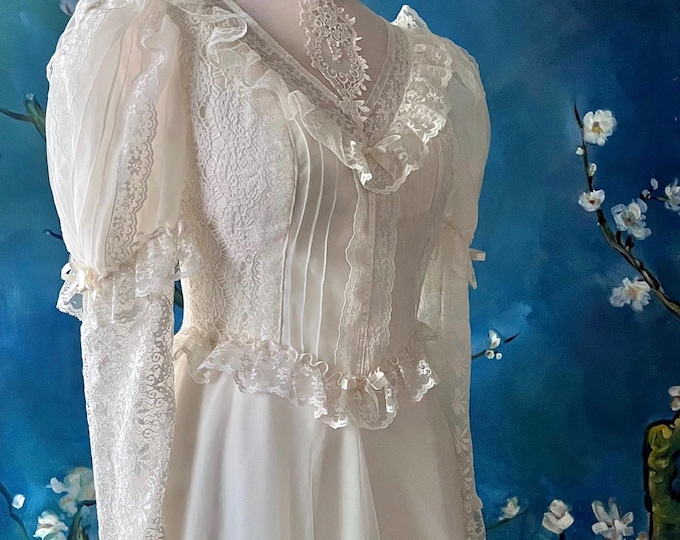 Featured listing image: Vintage 80s Ivory Chiffon Wedding Dress: Lace Bishop Sleeves, Prairie Princess Style