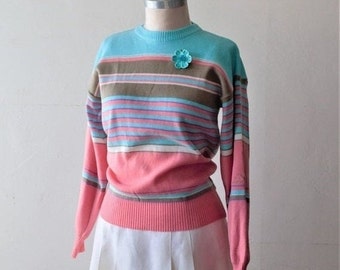 80s Jordache Jeans Sweater Secretary Dress Knit Sweater Pullover Stripe Colorblock Peach Salmon Light Teal Sweater size M by JORDACHE