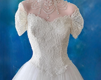Vintage Sequin Corset Wedding Dress: Mermaid Bustle, Removable Train