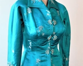 Custom made by YING TAI 1940s Turquoise Teal Silk Cheongsam Dress Suit Jacket Skirt Set Frog Button Silk Suit Chinese Dress Zen Garden S