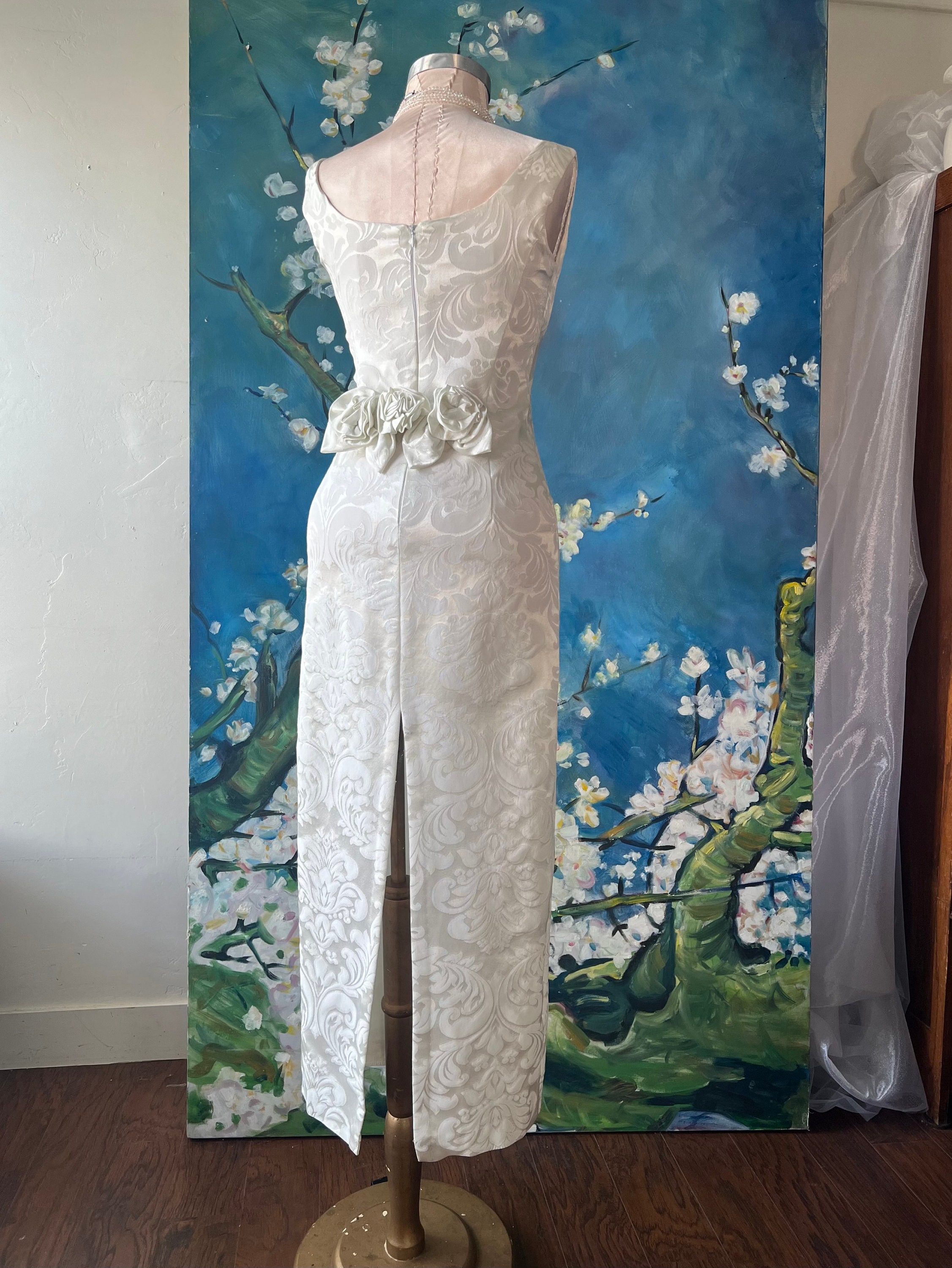 Gunne Sax Cream Brocade Fabric Sleeveless Sheath Wedding
