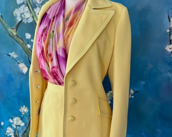 60s Secretary Dress Suit Yellow Knit Lilli Ann Skirt Suit Set Inverted Box Pleat Midi Pencil Skirt Wide Lapel Jacket M by Lilli Ann Knit