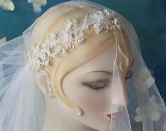Priscilla of Boston White Eggshell Halo Crown Cathedral Blusher Drop Veil Long Wedding Veil Headband Chapel Wedding Veil