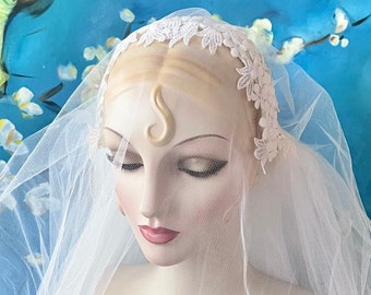 Three Tier Cathedral Veil Blusher Veil White Daisy Lace Juliet Headpiece Cap Bonnet Drop Veil Long Wedding Chapel Veil Handmade