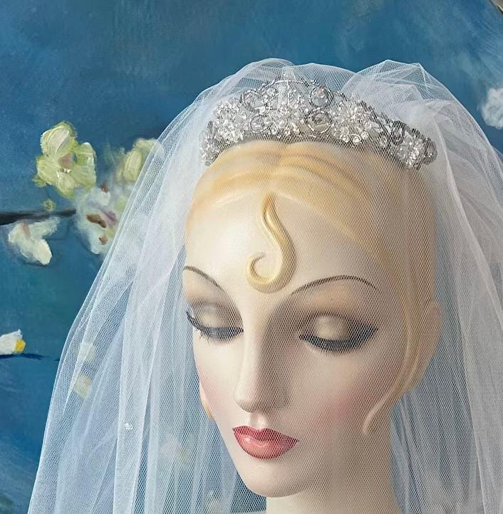 Princess Bride Crown Blusher Chapel Veil Crystal Glass Beaded Crown Fairy Princess Dress Style White Two Layer Chapel Veil Handmade One Size