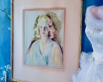 1930s Art Deco Pastel Portrait Blonde Woman Haunting Blue Eyes Vampire Vibe Original Pastel Art Chris Marie Meeker Greta Garbo Photo Double