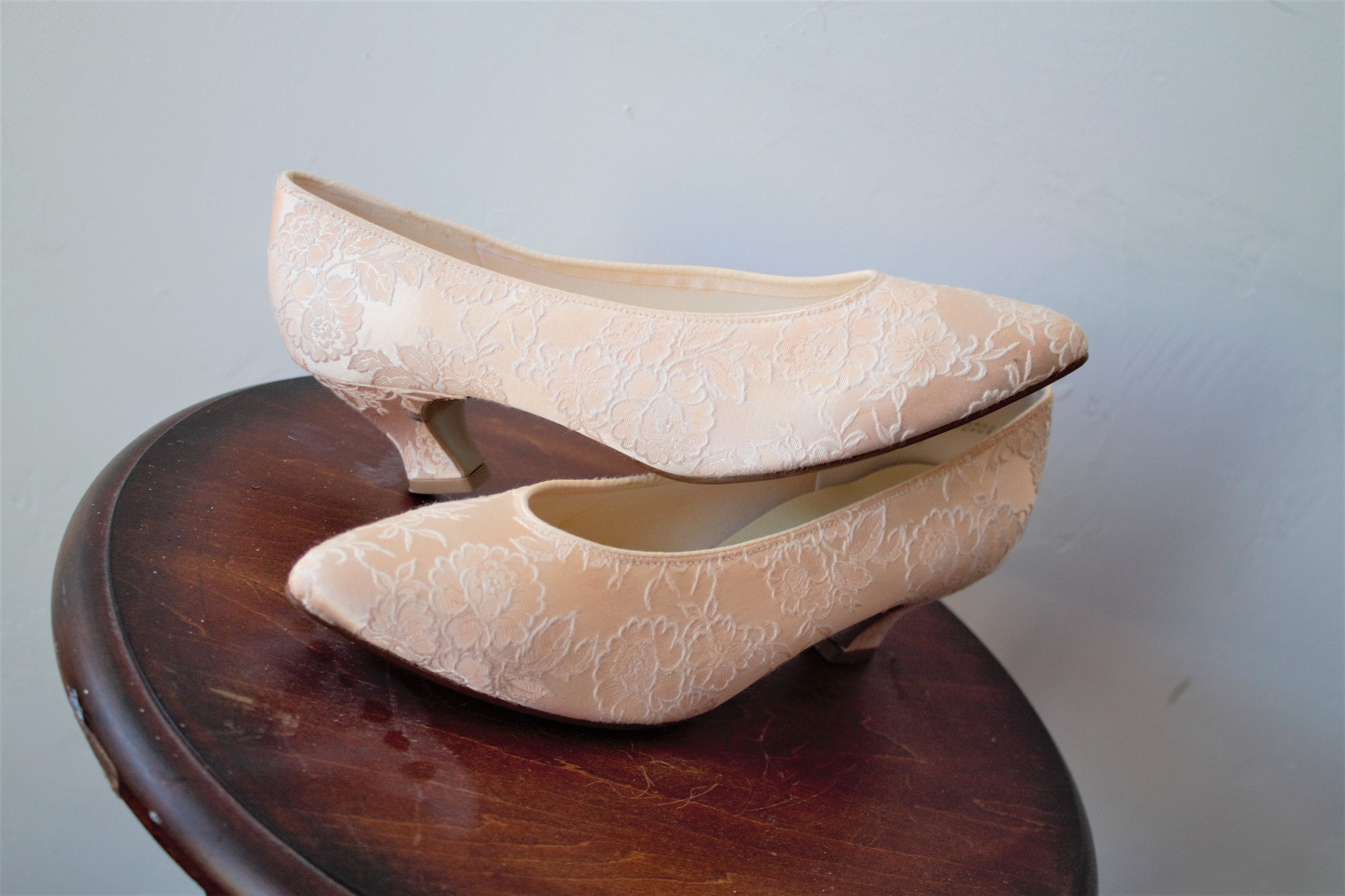 Brocade Fabric Wedding Heels 80s Shoes Edwardian Dress Pumps Edwardian Shoes Marie Antoinette Blush Peach Orange by COLORIFFICS size 7 8