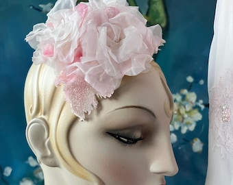 Vintage 1950s Bridal Hat Fascinator Pink Ombré Silk Rose Silk Velvet Leaf Flower Crown Veil Princess Bride Cottagecore Silk Rose Wedding Hat