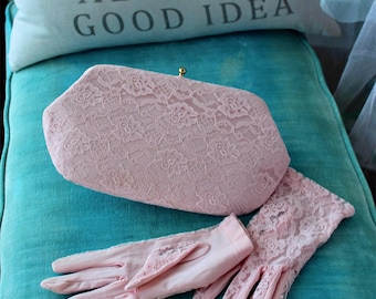 Vintage Pink Lace Gloves & Clutch Purse Set: Formal Accessory