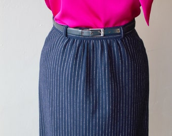 70s Navy Blue Pinstriped Pencil Skirt Wool Dress Skirt Secretary Dress Knee Length High Waist size S by College Towne