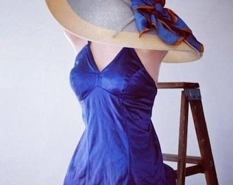 40's Swimwear Royal Blue Satin Modest Bathing Suit Skirted Swimwear 1940's Halter Neck One Piece Swimsuit size M- L by SUN SEA