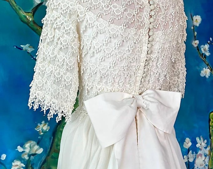 Featured listing image: Boho Prairie Princess Bride 50s 60s Wedding Dress Cream Silk Organza  Audrey Hepburn Sabrina Givenchy Inspired Sheath Gown S Bridal Original